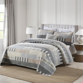 Uniclinens Quilt Set Queen Size, 100% Cotton Quilted Quilt Bedding Set Bedspreads, Farmhouse Patchwork Plaid Reversible Quilted Comforter Set, 3 Pieces Set with 2 Pillowshams, Cream/Grey/Brown