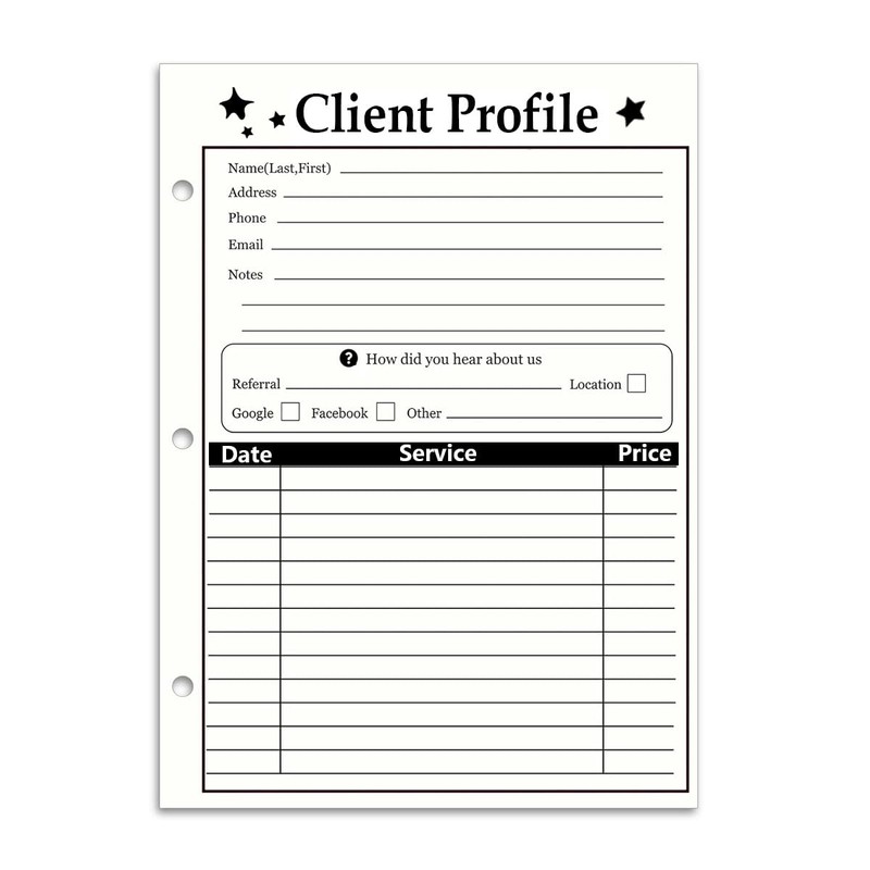 3-Hole Client Profile Cards for Salon, Spa & Hairdresser (100