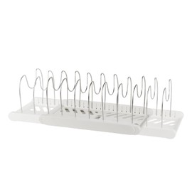 kowiofame Expandable Pot Racks Organizer Holder Adjustable Compartment Baking Sheets Cutting Board Pan Lid Rack for Kitchen Cupboard (White)