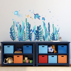 5 Sheets 3D Under the Sea Seaweed Wall Stickers Sea Turtles Wall Stickers Seaweed Jellyfish Fish Removable Vinyl Wall Stickers for Children Baby Bedroom Bathroom Living Room Decor