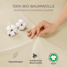 Dreamzie Premium Fitted Sheet 90 x 200 cm to 100 x 200 cm Beige, Fitted Sheet Made from 100% Jersey Organic Cotton, 150 g/m² - Oeko-Tex