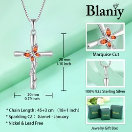 Blaniy Cross Necklace for Women 925 Sterling Silver Butterfly Necklace January Birthstone Necklace Garnet Pendant Jewelry Gifts for Women