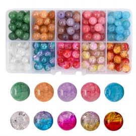 Pack of 200 Natural Gemstones with Hole, 8 mm Round Crackle Glass Beads, Coloured Loose Stone Beads in 10 Colours, Gemstone Beads in Large Quantities, Assorted Gemstones Beads for DIY Threading