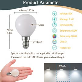 G14 LED Light Bulb,2.5W (25W Equivalent) E14 Base 120V Non dimmable Vanity Light Bulbs Small Globe Night Light Bulbs for Ceiling Fan Table Lamp Bedside lamp Chandelier Appliances, 2-Pack (6000K)