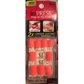 Impress! Impress Gel Manicure Press on Nails Short Neon Pink with white bow charm