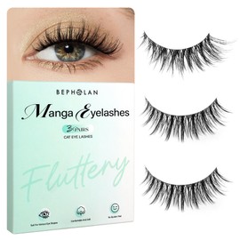 Bepholan Manga Lashes Natural Look 2 Styles False Eyelashes Reuseable Strip Wispy Fake Lashes 3 Pairs Cat Eye Lashes Fluffy Spiky Anime Lashes with Tweezer(M2615)