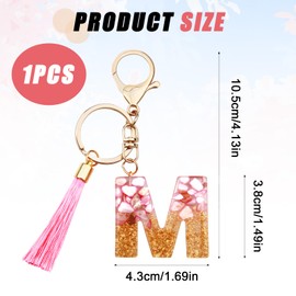 ORUZA Alphabet Initial Letter Keychain, Pink Gold Foil Initial Letter Keyring with Tassel Pendant Resin Letter Key Ring for Women Wallet Purses (M)