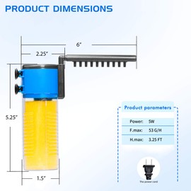DAI BAO 53 GPH 3-in-1 Internal Filter Submersible Water Pump Ultra Quiet for Pond,Aquarium,Fish Tank,Fountain,Hydroponics