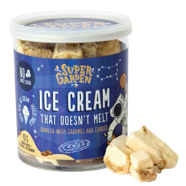 Freeze Dried Vanilla Ice Cream With Caramel and Cookies - Crunchy & Delicious Astronaut Ice Cream with No Added Sugar, Camping Food and Freeze-Dried Sweets by Super Garden (43g)