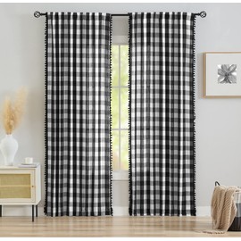 Black Buffalo Check Curtains Pom Pom Rustic Farmhouse Black White Plaid Curtain Panels for Nursery Kids Light Filtering Linen Semi Sheer Window Drapes for Bedroom, Pencil Pleat, 40" x 54" Inch, 1 Pair