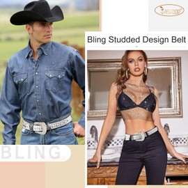 JASGOOD Rhinestone Studded Belt for Men Women, Western Leather Belt for Cowgirl Cowboy Vintage Bling Belt for Pants Dress