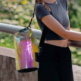 EHERDM Waterproof Bucket Bag 10L Iridescent Roll Top Portable Dry Storage Backpack for Swimming Boating Kayaking Drifting and Beach