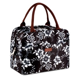 RONAVO Lunch Bag for Work - Women Lunch Boxes Soft Insulated Lunch Box Large Lunch Box (Black White Flowers)