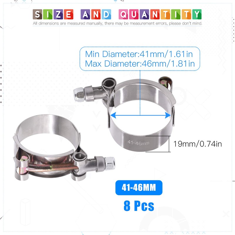 GLARKS Stainless Steel T-Bolt Hose Clamps, 8Pcs 41-46mm, Turbo Intake