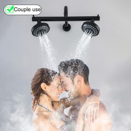 BEIYI Dual Double Shower Head for Couples, High Pressure 5 Function 2 Person Shower Head Built-in Valve, Matte Black