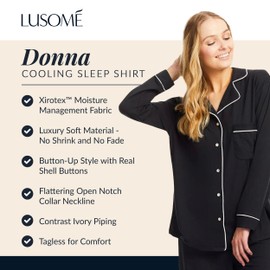 Lusome Pajama Tops for Women, Cooling Sleep Shirt for Hot Flash Relief and Night Sweats, Cooling PJs for Hot Sleepers, Noir L