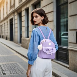 FOLOVEYA Fashion Backpacks for Women PU Leather Backpack Set Ladies Anti-Theft Rucksack Dayback Cute Girls Bowknot Backpack with Purse 3pcs for Work Travel Shopping Purple