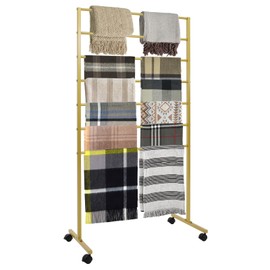 YUYFCC Rolling Scarf Display Stand 7-Tier Metal Scarf Holder with Lockable Wheels Freestanding Pants Scarf Rack Organizer for Home Commercial Clothing Retail Store Ties Belt Towel Organization (Gold)