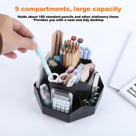 FRETONBA Pencil Pen Holder for Desk, 9 Slots 360 Degree Rotating Desk Organizer, Desktop Storage Pen Organizers Stationery Supplies, Cute Pencil Cup Pot for School, Office, Home, Black