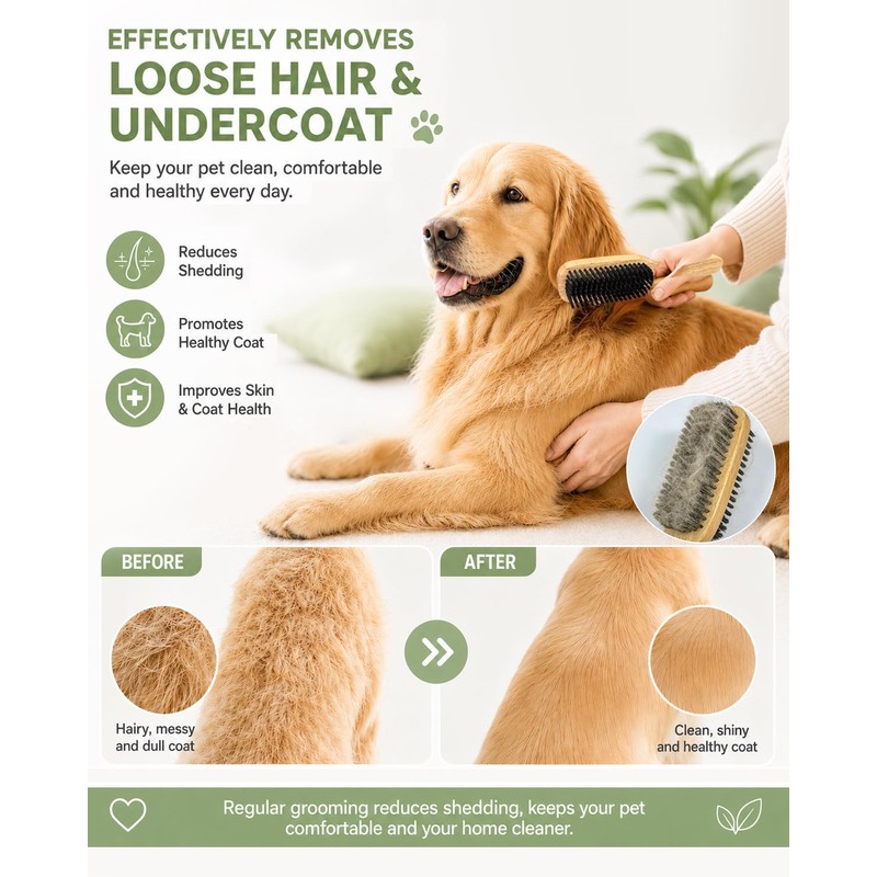 Angootao 3Pcs Natural Boar Bristle Brush Set for Short Haired