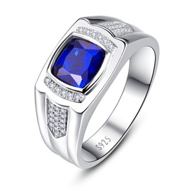Yaresul Blue Sapphire Ring for Men Men's Silver Ring 925 Sterling Silver Mens Ring Princess Cut Mens Wedding Band September Birthstone Ring for Men Gift for Dad Mens Gemstone Ring Size 7