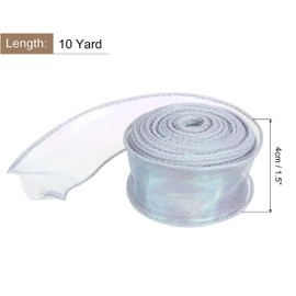 TOP-VIGOR 4cm Wide Sparkly Sheer Wired Organza Ribbon, 10 Yard Pastel Shimmer Polyester Iridescent Chiffon Ribbons for Gift Wrapping Bouquet Wedding Bows Wreaths Decoration, Silver