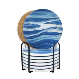 8 Pieces Set of Drink Coaster with Metal Coaster Holder, Marble Style Pattern, Cork and Ceramic Material, Easy to Absorb Water, for Restaurants, Living Rooms, Bars, Cafes,Mlfklmkl (Blue)
