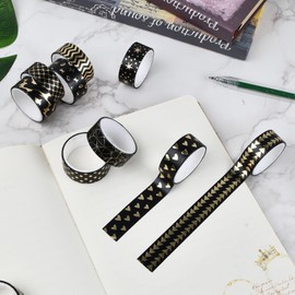 Aomhrek 12 Rolls Black Washi Tape Set, Gold Foil Print Decorative Masking Tapes, Craft Tape, Journals Accessories, Washi Tape For Diy Craft Scrapbooking Gift Wrapping