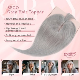 SEGO Grey Hair Toppers for Women Real Human Hair With Bangs, 7 * 13 CM Silk Base Clip In Topper Wiglet, Top Pieces for Women with Thinning Hair -6 Inch #G1 Silver Grey