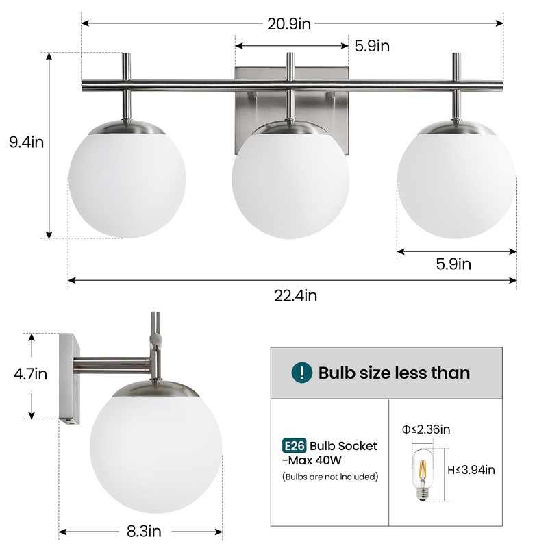 Bathroom Light Fixtures over Mirror, 3-Light Brushed Nickel Vanity Lights