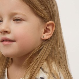 14k Yellow Gold Round 3mm Simulated Emerald Birthstone Bezel Stud Screw Backs for Baby Girls - Safety Back Locking for Children - Green CZ Earrings for Little Girls - May Birth Month Gift