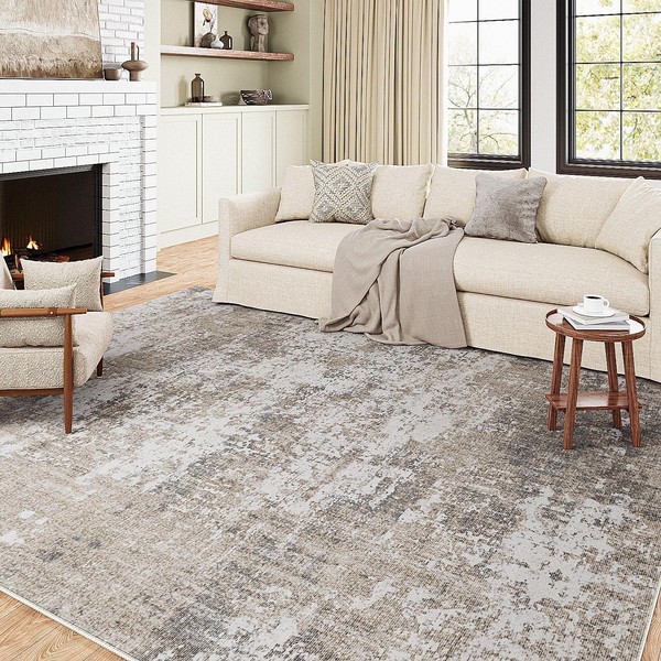PureCozy Modern Abstract Beige Gray Rug 8x10 Machine Washable Area