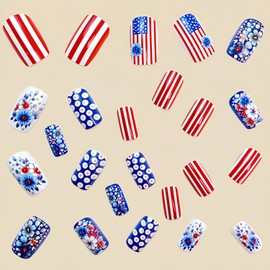 Independence Day Press On Nails Medium Square Fake Nails 4th Of July Nails Press Ons With Flower Stripe Designs Full Cover False Nails Spring Glue On Nails Stick On Nails For Women 24Pcs