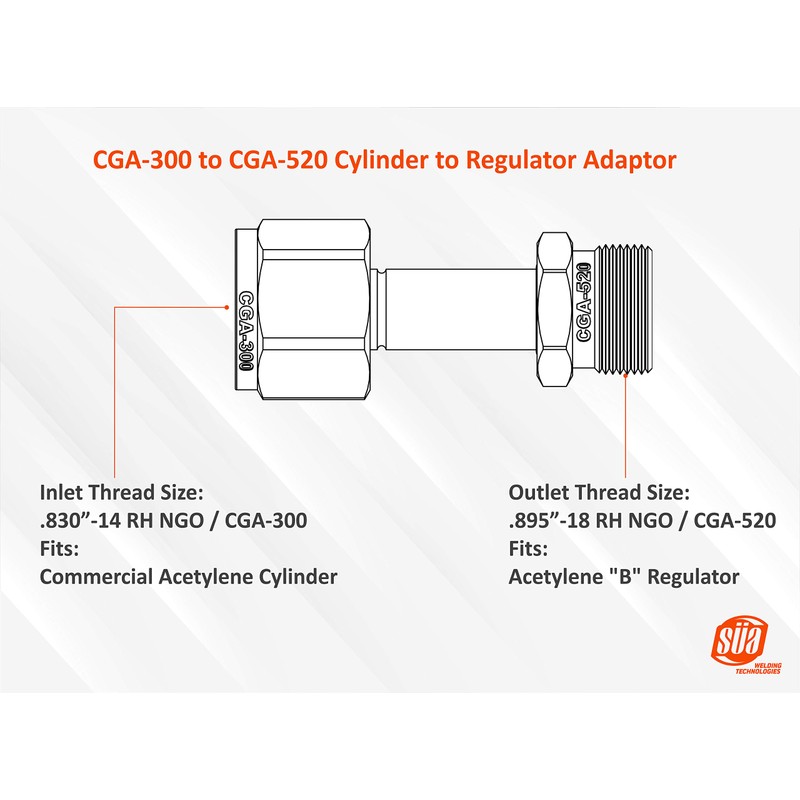 Acetylene Adaptor - CGA-300 (Commercial Cylinder) to CGA-520 (Size B