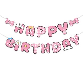 Pink Birthday Banner, Pink Cartoon Happy Birthday Party Decorations Pre-Strung Hanging Bunting Backdrop with Bows Cute Cartoon Theme Decor for Women Kids Girls Party Supplies