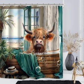 Vengaot Highland Cow Summer Shower Curtain 60Wx72L Inch Funny Cute Cattle Ocean View Landscape Bathtub Calf Tropical Hawaii Scene Palm Leaves Bathroom Decor Sea Beach Waterproof Fabric 12 Plastic Hook