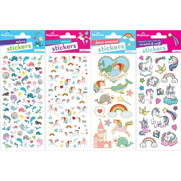 Playhouse Unicorns and Narwhals Super Glitter & Foil Sticker Sheet Pack for Collecting, Scrapbooking & Classrooms