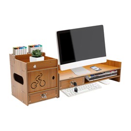 AngelcityCC Monitor Stand Riser, Desk Organizer with Drawer and Lock, 3-Tier Computer Stand, Office Desk Accessories, Office Organization