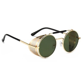 besbomig Retro Round Steampunk Sunglasses for Men and Women Polarised UV Protection Hippie Metal Frame Festive Party Glasses Fancy Dress Glasses Fashion Accessory, Gold Frame & Green Lens, Unit size
