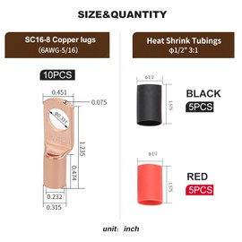 DTLDZSC Thick Copper Electric Wire Lugs,10Pcs Bare Copper Gauge 6Awg-5/16(M8) Ring Heavy Duty Battery Cable Lugs Ends Ring Terminals Connectors with 10Pcs 3:1 Heat Shrink Tubing Assortment Kit