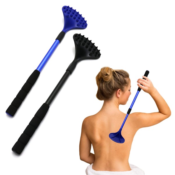 EASACE Pack of 2 Scratchers for Women Men Extendable with Strong ABS Massage Head, 21 Inch Body Scratcher for Adults - Pets Compact - Retractable (Black & Blue)