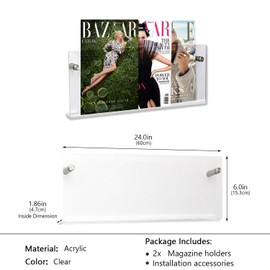 JOTNGDJBN 2-Pack Acrylic Magazine Holder - 24 Inch Clear Wall Mounted Floating Bookshelf for Brochures, Records & Books, Modern Storage Rack for Office, Living Room, Waiting Room (Clear, 24 Inch)
