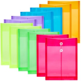 FANWU 12 Pack Assorted Colors Plastic Envelopes Poly Envelope Expandable File Document Folders with Button & String Tie Closure - Letter A4 Size - 1-1/4 Inch Expansion - for School office and home