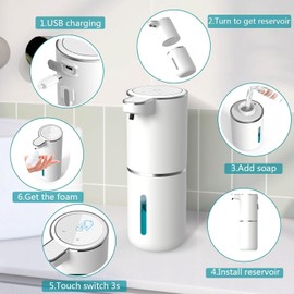 Hmevsafinect Automatic Soap Dispenser – Touchless Foaming Dispenser,13.4oz USB Rechargeable Dispenser,Wall Mounted 4levels Adjustable Foam Soap Dispenser Pump for Bathroom Kitchen. (White-Foam)