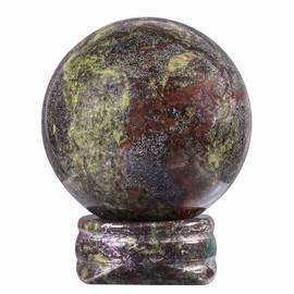 mookaitedecor Natural Dragon Bloodstone Crystal Ball Sphere with Stone Stand, Polished Carved Stone Figurine for Office Desk Top Home Decor Feng Shui, Sphere Diameter 1.5”