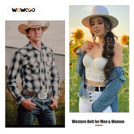 WOWOGO Women Men Western Genuine Leather Belt Cowgirl Cowboy Floral Engraved Tooled Belt Strap Embossed Scrollwork Buckle