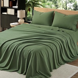 OnlySet 4Pcs Organic Linen Sheets King Size, 100% French Linen from Normandy, Breathable & Durable Forest Green King Sheet Set with 16 Inch Deep Pocket, 1 Flat Sheet, 1 Fitted Sheet, 2 Pillowcases