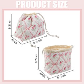 PLIGREAT Small Drawstring Makeup Bag Cotton Quilted Cosmetic Bag with Canvas Lining Pink Bow Style Portable Make Up Organizer for Traveling Toiletry Cute Women Gift