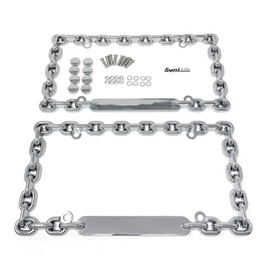 Universal Chrome Mega-Metal Round Chain Link Design License Plate Frame with Screws Caps, Set of 2