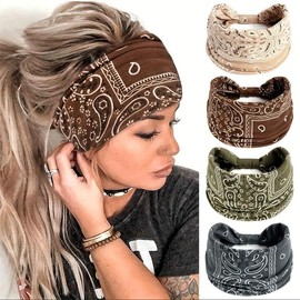 4 Wide Headbands for Women Bohemian Elastic Headbands Suitable for Yoga and Exercise (Green, Gray, Apricot, Coffee)
